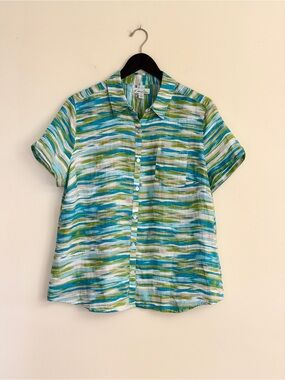 Kim Rogers Linen Button-Down in Teal, Green and White Brushstroke Stripe, PL